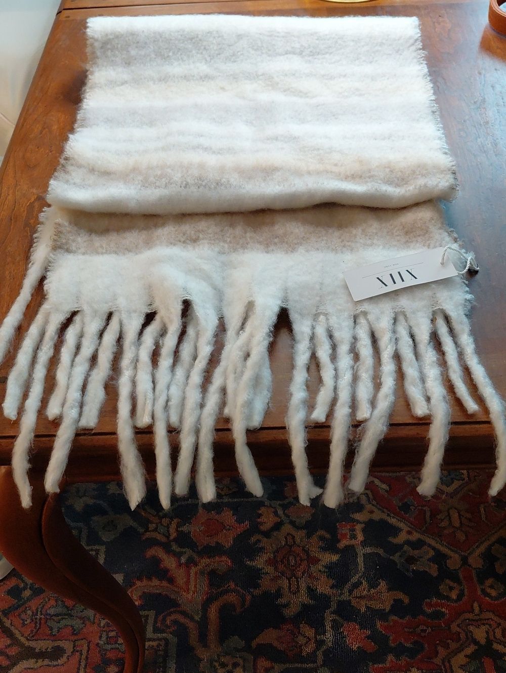 XIIX Plush Fringe Scarf in Cream and White..NEW